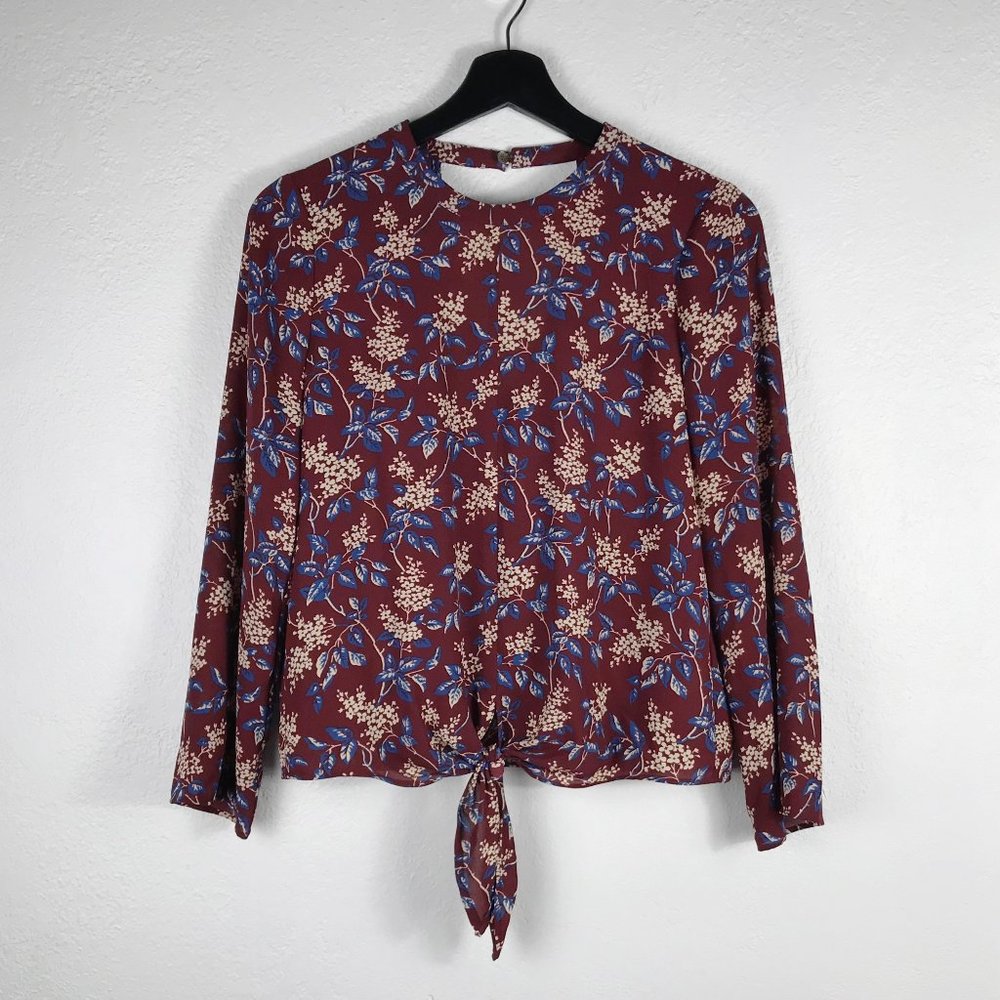 Madewell Womens Blouse XXS Bell Sleeve Tie Top Floral Print Burgundy V-back Boho